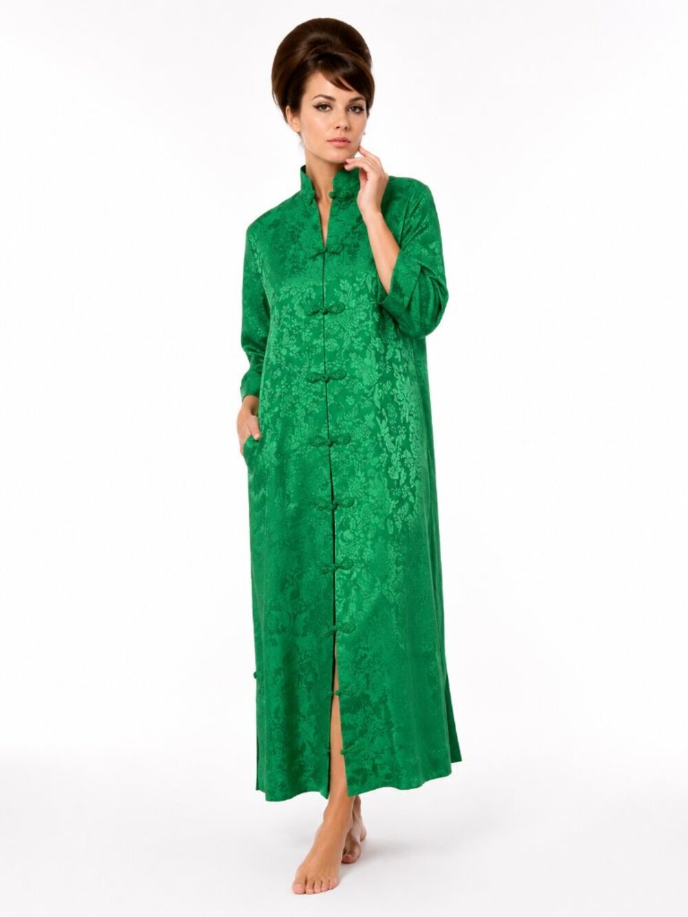 VINTAGE 60s Hawaiian Green Silk Dress Robe Nancy Lang Small Petite